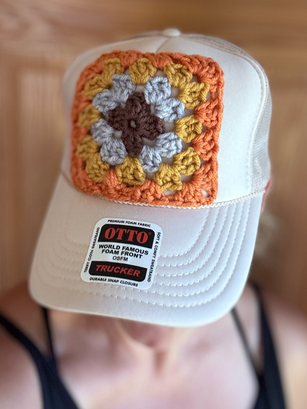 OTTO Trucker Hat with Handmade Crochet Granny Square Patch NWT
